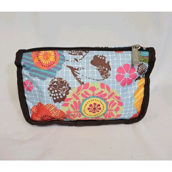 Lesportsac Blue Brown Pink Floral Nylon 5"x7'x2.5" Make Up Toiletry Bag Pouch - Picture 3 of 10